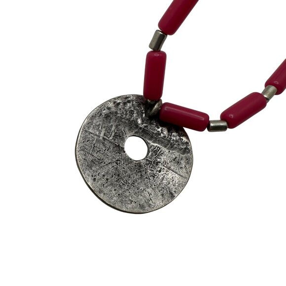 Chico's Necklace Jewlery Statement 33" Adjustable Pink Silver Tone Hammered Long - Picture 5 of 7